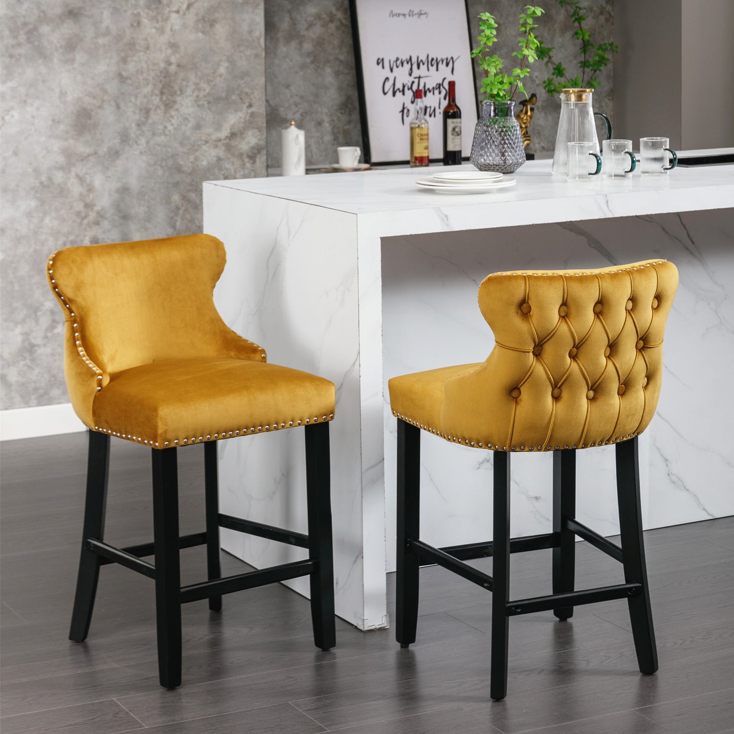 Harlingtan – Set of 2 – 30" Gold Velvet Upholstered Wingback Bar Stools with Button Tufted Design, Wooden Legs, and Chrome Nailhead Trim