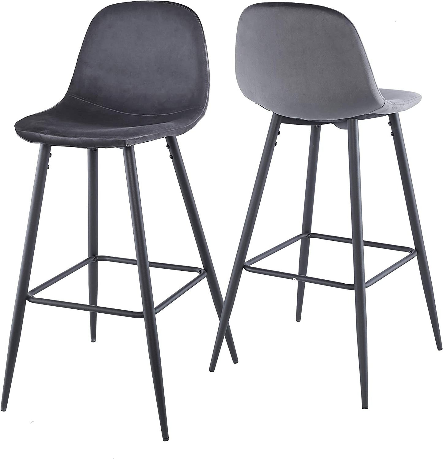 Nero - Set of 2 - 30" Dark Grey Velvet Bar Stools with Backrest, Black Metal Legs, and Footrests