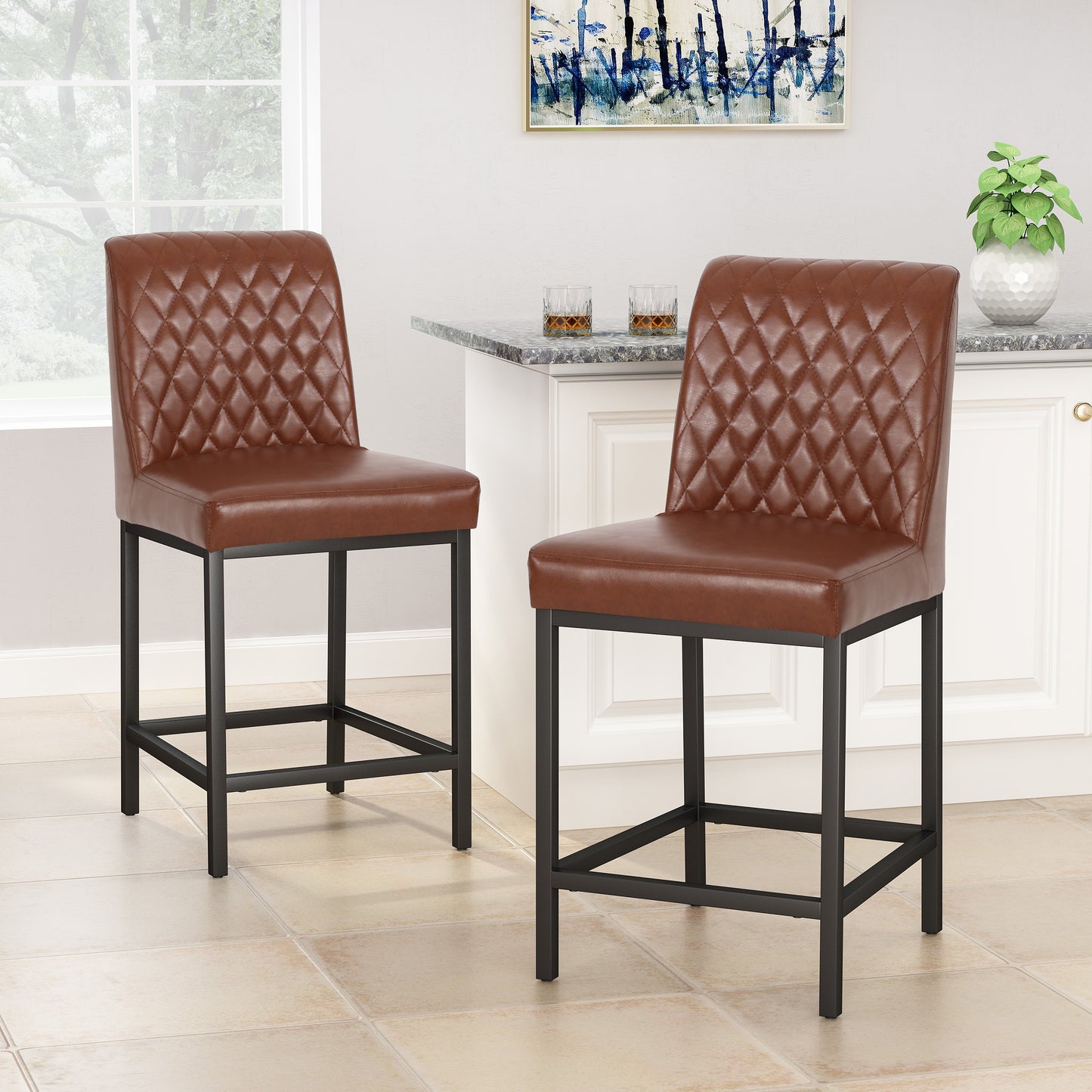 Salvatore - Set of 2 - 26" Light Brown PU Counter Stools with Diamond Tufted Upholstery and Iron Frame