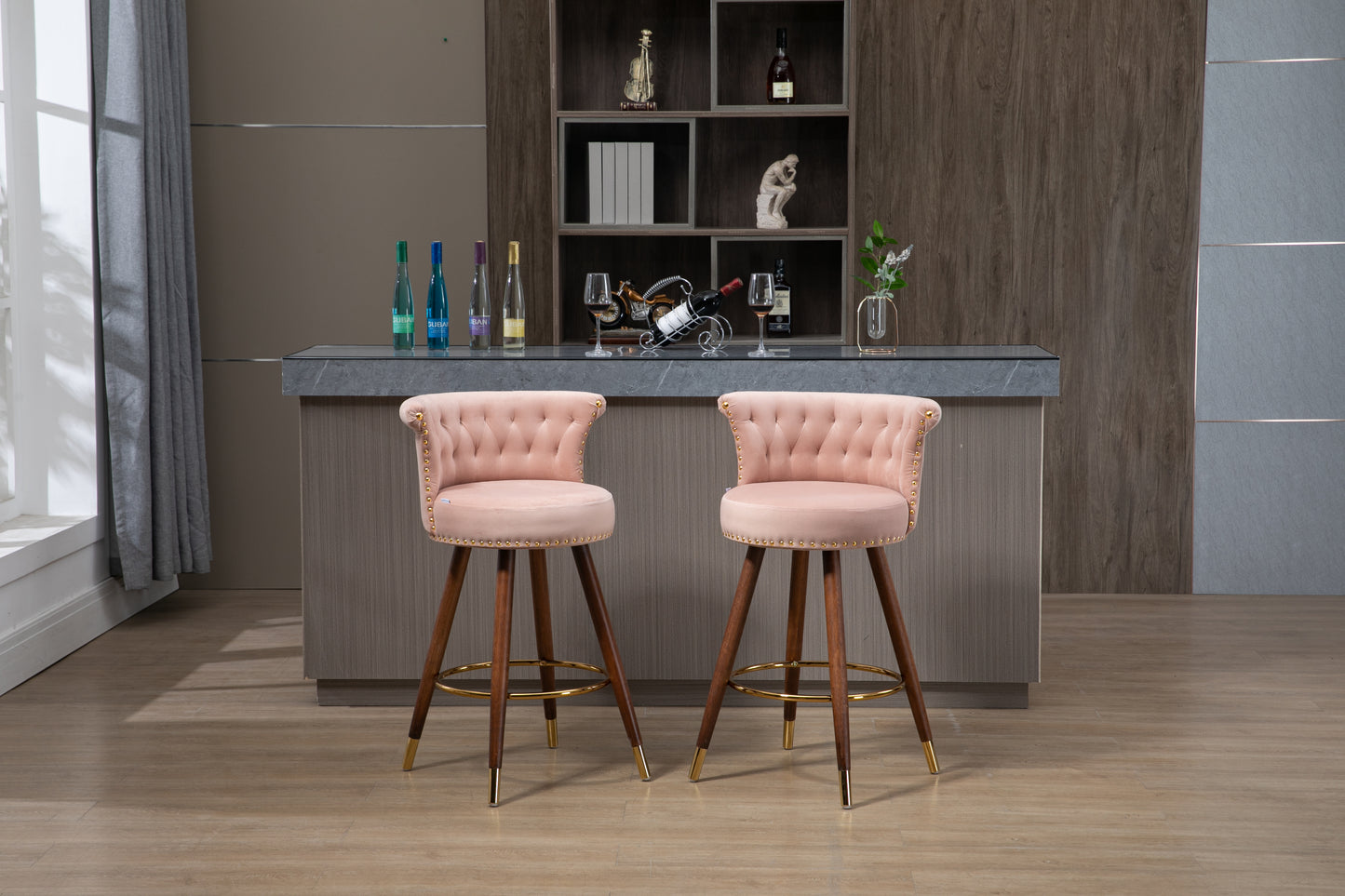 Viatora - Set of 2 - 27" Pink Swivel Solid Wood Bar Stools with High Back and Footrest