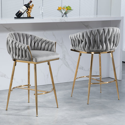 Stathmore- Set of 2 - 26" Grey Velvet Counter Bar Stools with Wave Back and Golden Chrome Base