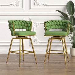 Stegman - Set of 2 - 24" Green Woven Leather Bar Stools, Swivel Design, Metal Base