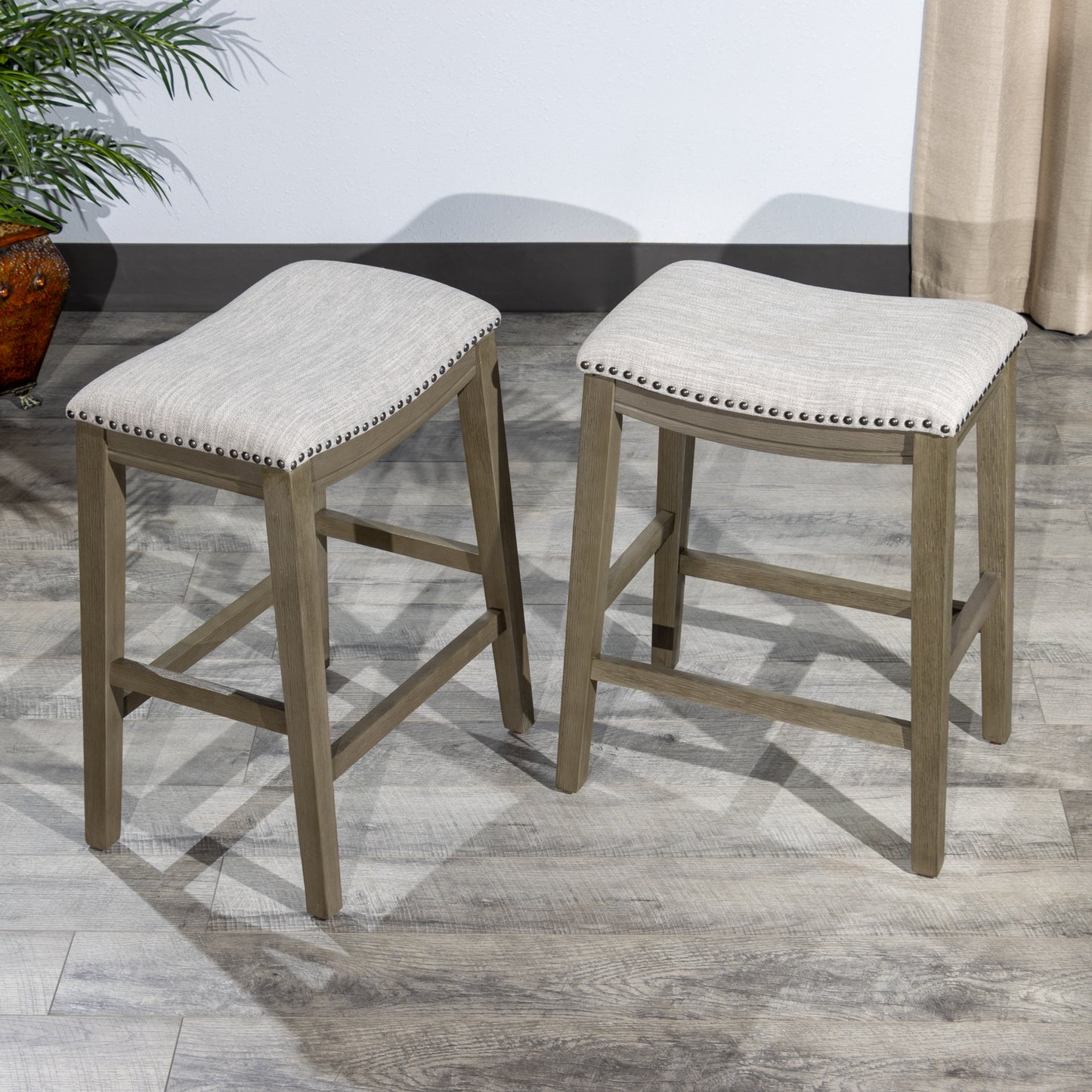 Elowen - Set of 2 - 26" Gray Saddle Counter Stools with Upholstered Fabric and Nailhead Trim