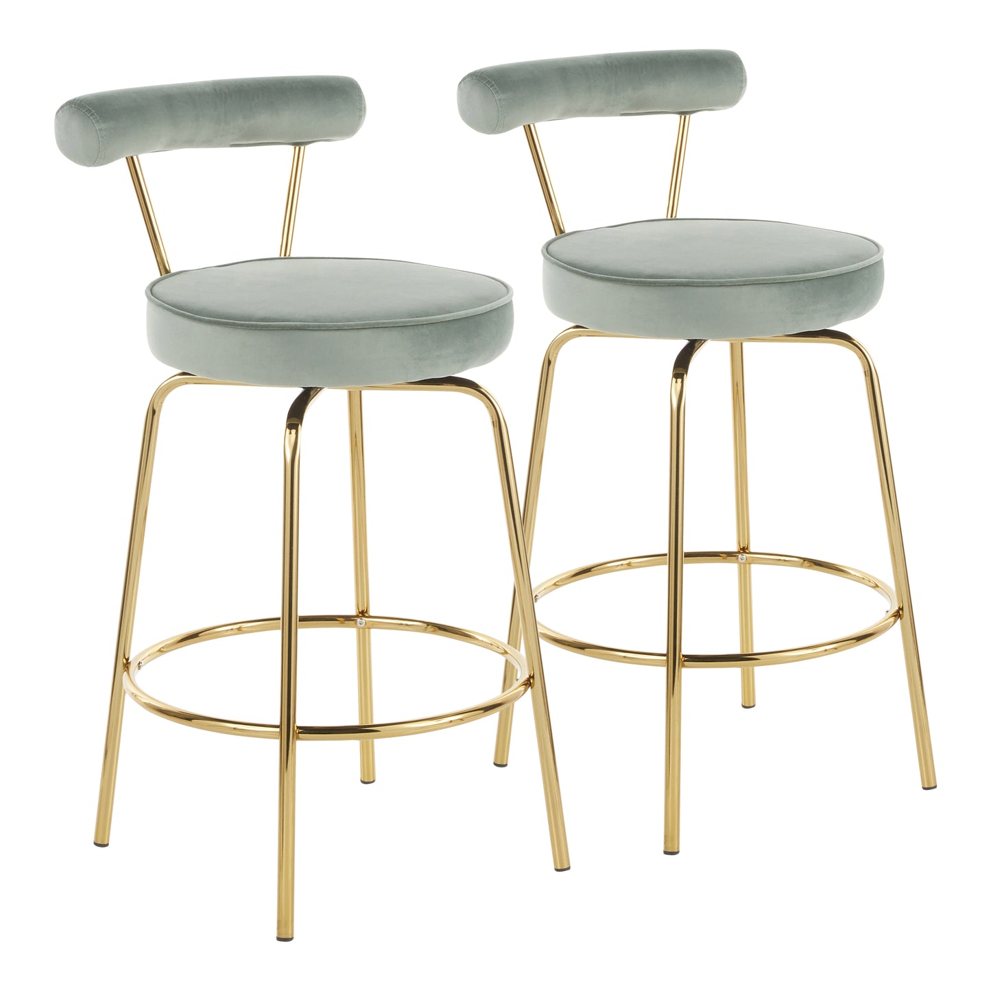 Redmond - Set of 2 - 24" Sage Green Velvet and Gold Metal Glam Counter Stools with 360 Swivel