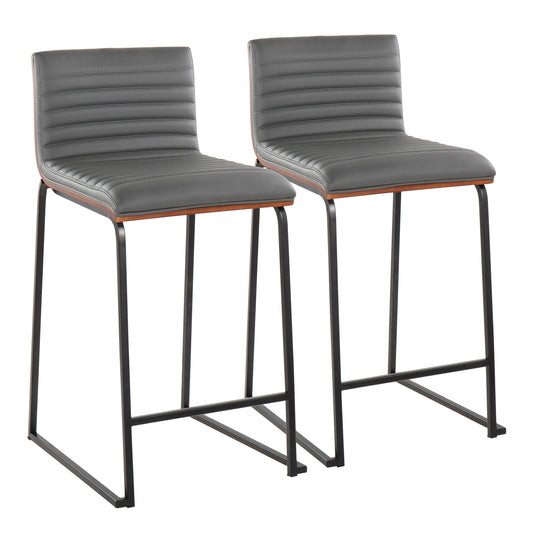 Mulbrose - Set of 2 - 26" Fixed-Height Grey Faux Leather Counter Stools with Black Metal Base and Walnut Wood Back