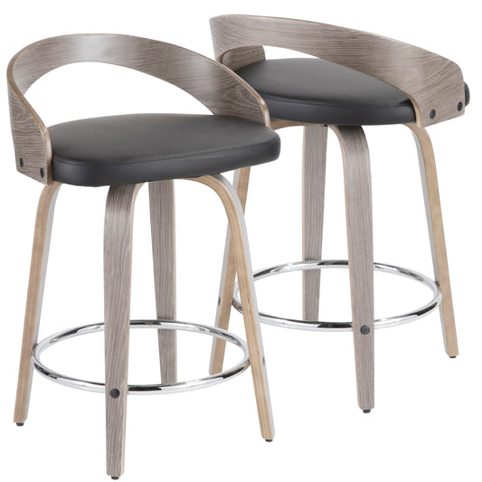 Gia - Set of 2 - 24" Light Grey Wood Mid-Century Modern Counter Stools with Black Faux Leather and 360-Degree Swivel