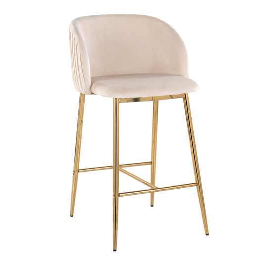 Forsyth - Set of 2 - 36" White Velvet and Gold Fixed-Height Counter Stools with Pleated Back