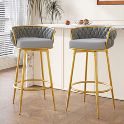 Noble - Set of 2 - 24" - 26" Grey Swivel Counter Stools with Hand-Woven Backrest and Gold Metal Legs