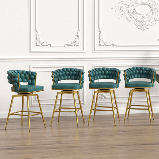 Monaw - Set of 4 - 27" Blue Woven Swivel Bar Stools with Gold Legs and Upholstered Backrest