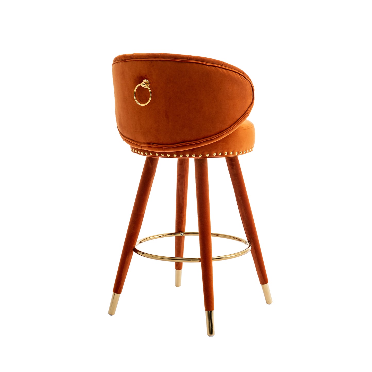 Miple - Set of 2 - 28" Orange Velvet Swivel Counter Height Bar Stools with Backrest, Footrest, and Solid Wood Legs, Retro Style