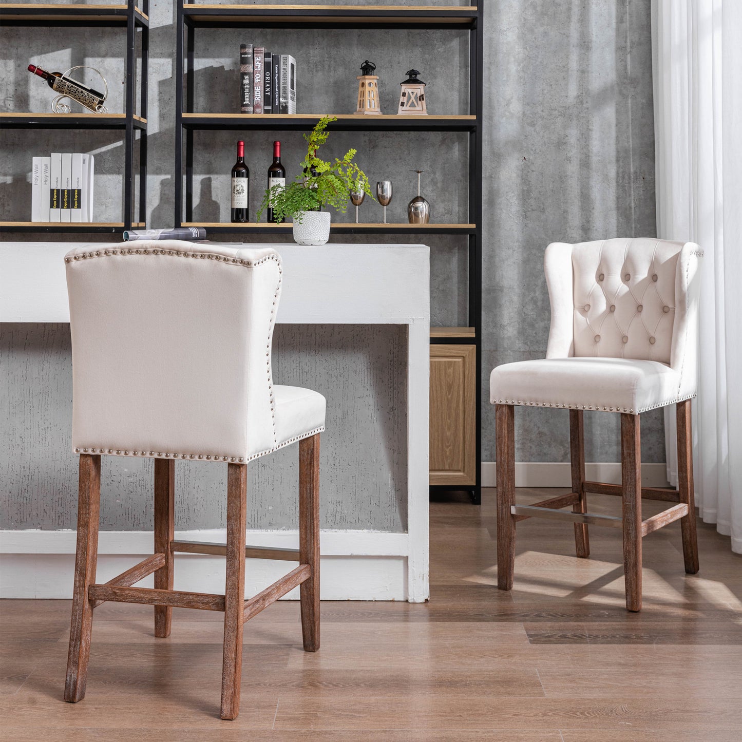 Vyrellr - Set of 2 - 27" Wingback Counter Height Bar Stools with Beige Velvet Upholstered Seat, Tufted Backrest, Nailhead Trim, and Wood Legs