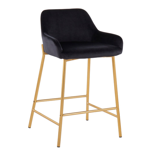 Belmonth - Set of 2 - 24" Fixed-Height Counter Stools with Black Velvet Upholstery and Gold Metal Frame in Glam Style