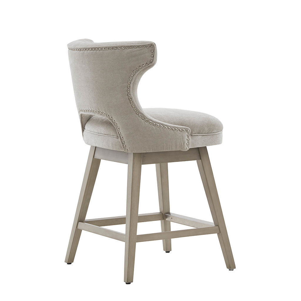 Myravin – Set of 2 – 25.75" Light Grey Swivel Counter Stool with Nailhead Detailing