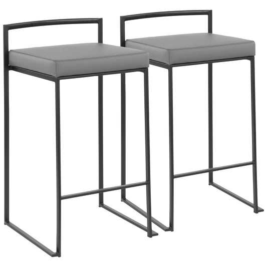 Foxbrook - Set of 2 - 26" Stackable Counter Stools with Black Frame and Grey Faux Leather Cushion