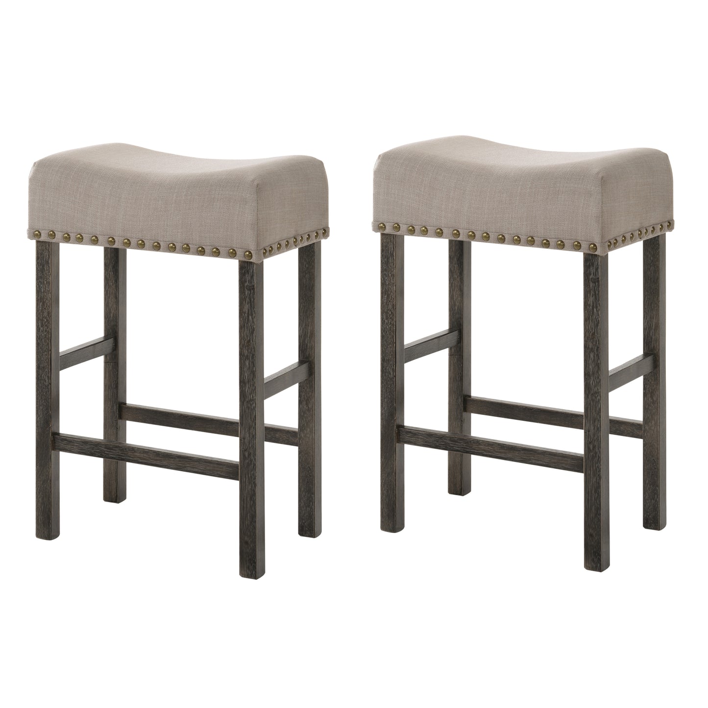 Haverhill - Set of 2 - 27" Tan Linen Upholstered Counter Height Stools with Weathered Gray Wooden Legs