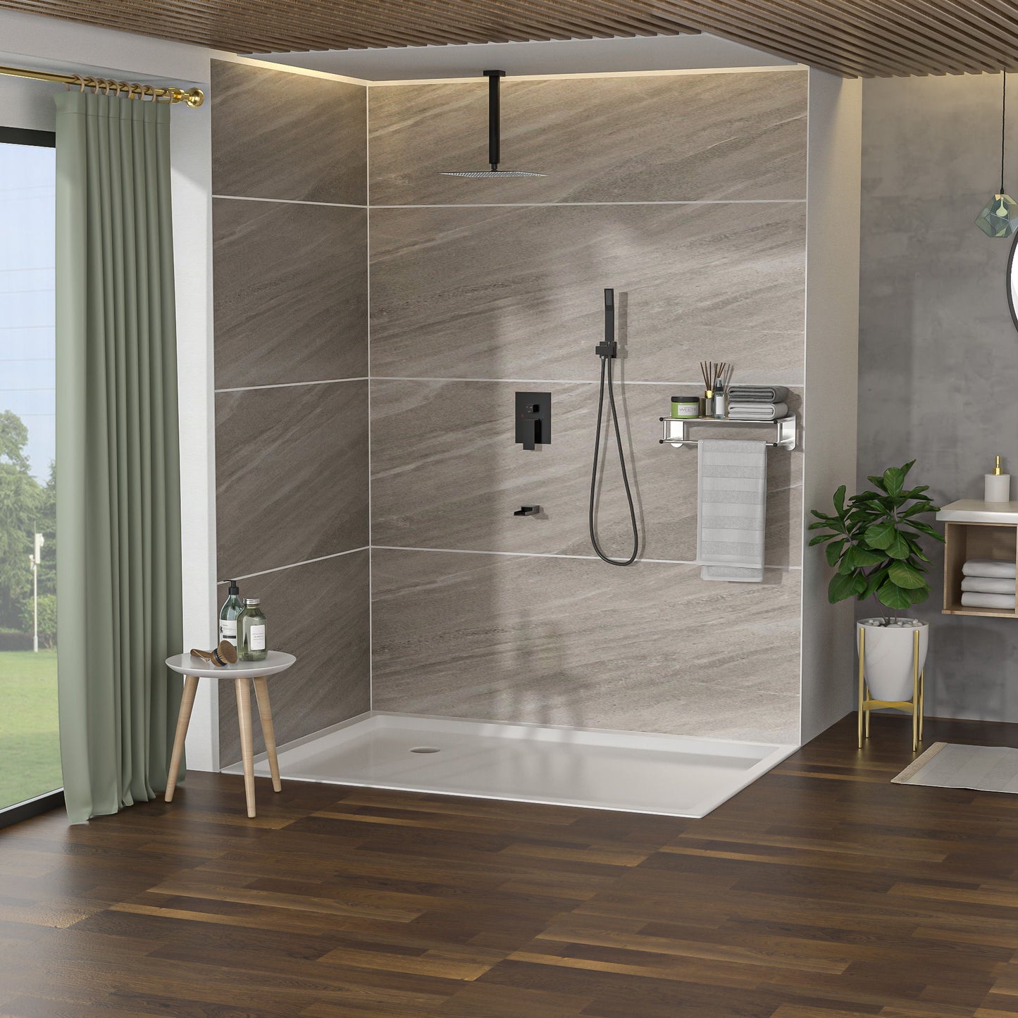 Modern Shower System With Waterfall Tub Spout, 12" Ceiling Mount Square Shower