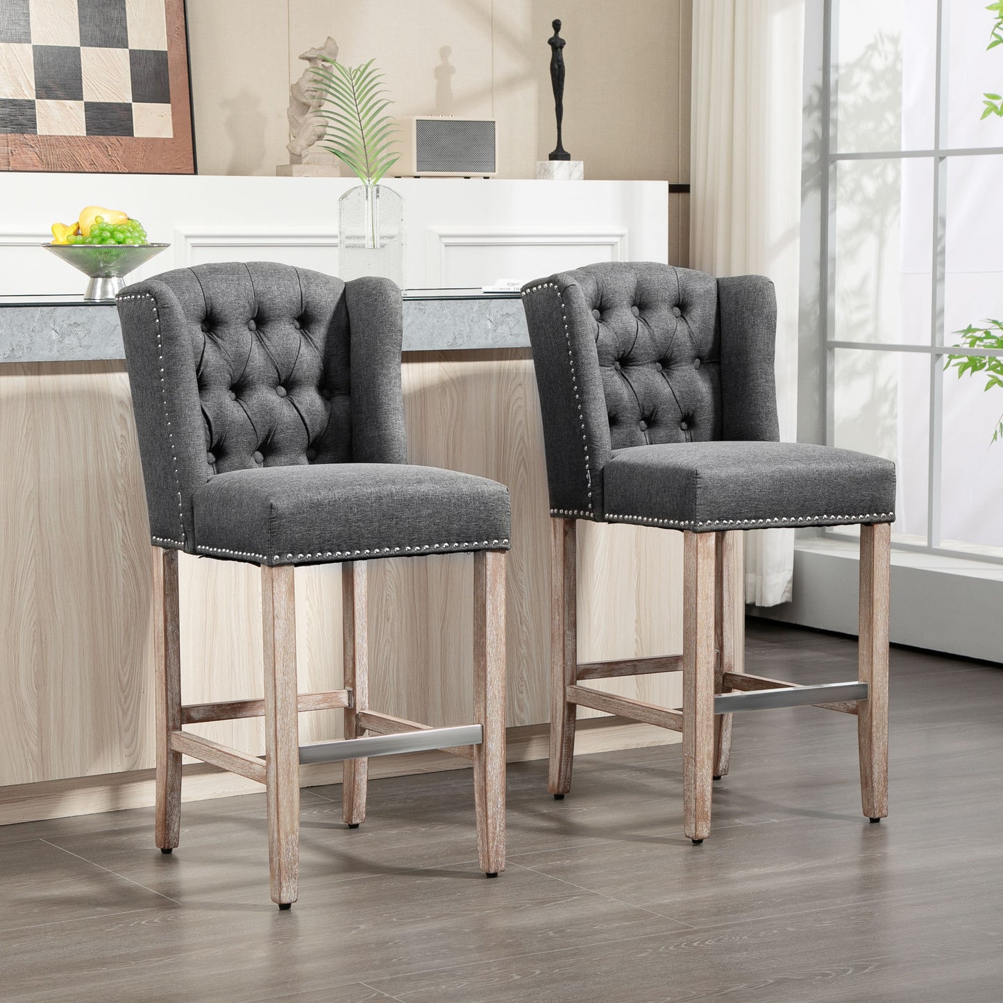 Halerion - Set of 2 - 27" Dark Gray Upholstered Counter Height Bar Stools with Tufted Back, Nailhead Trim, and Wooden Legs – Farmhouse Kitchen Island Stools