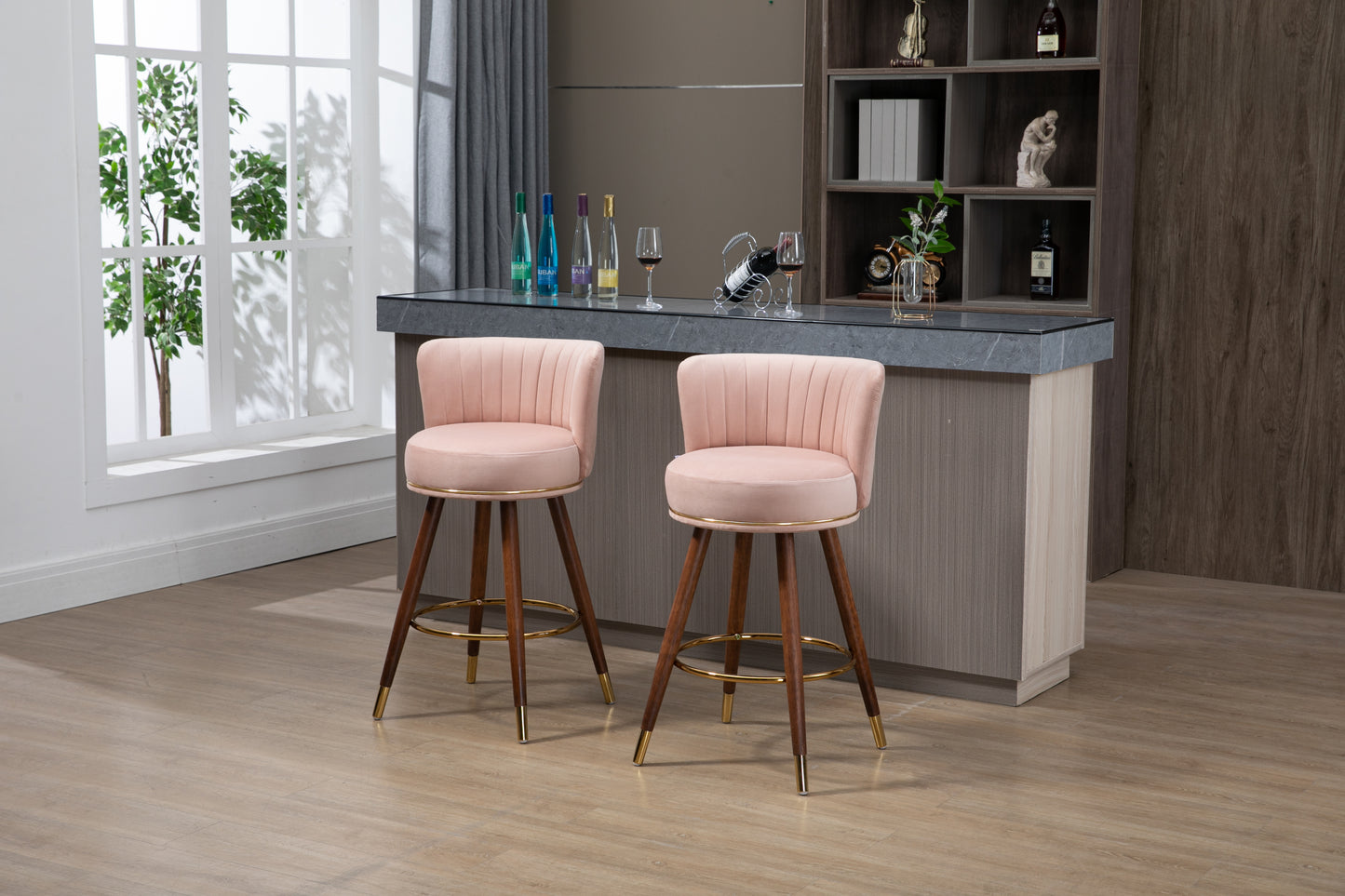 Lavantro - Set of 2 -28" Counter Height Handcrafted Swivel Bar Stools with Pink Fabric, Solid Wood Legs & 360° Rotation - Vintage Retro Design