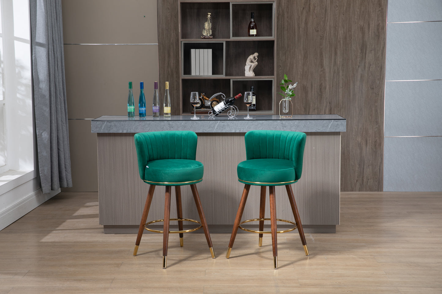 Monial - Set of 2 - 28" Emerald Swivel Bar Stools with Backrest, Footrest, and Solid Wood Legs