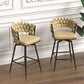 Lathorn - Set of 2 - 29" Light Brown Woven Technical Leather Swivel Bar Stools with Black Legs, Upholstered Counter Height Chairs with Backrest & Footrest