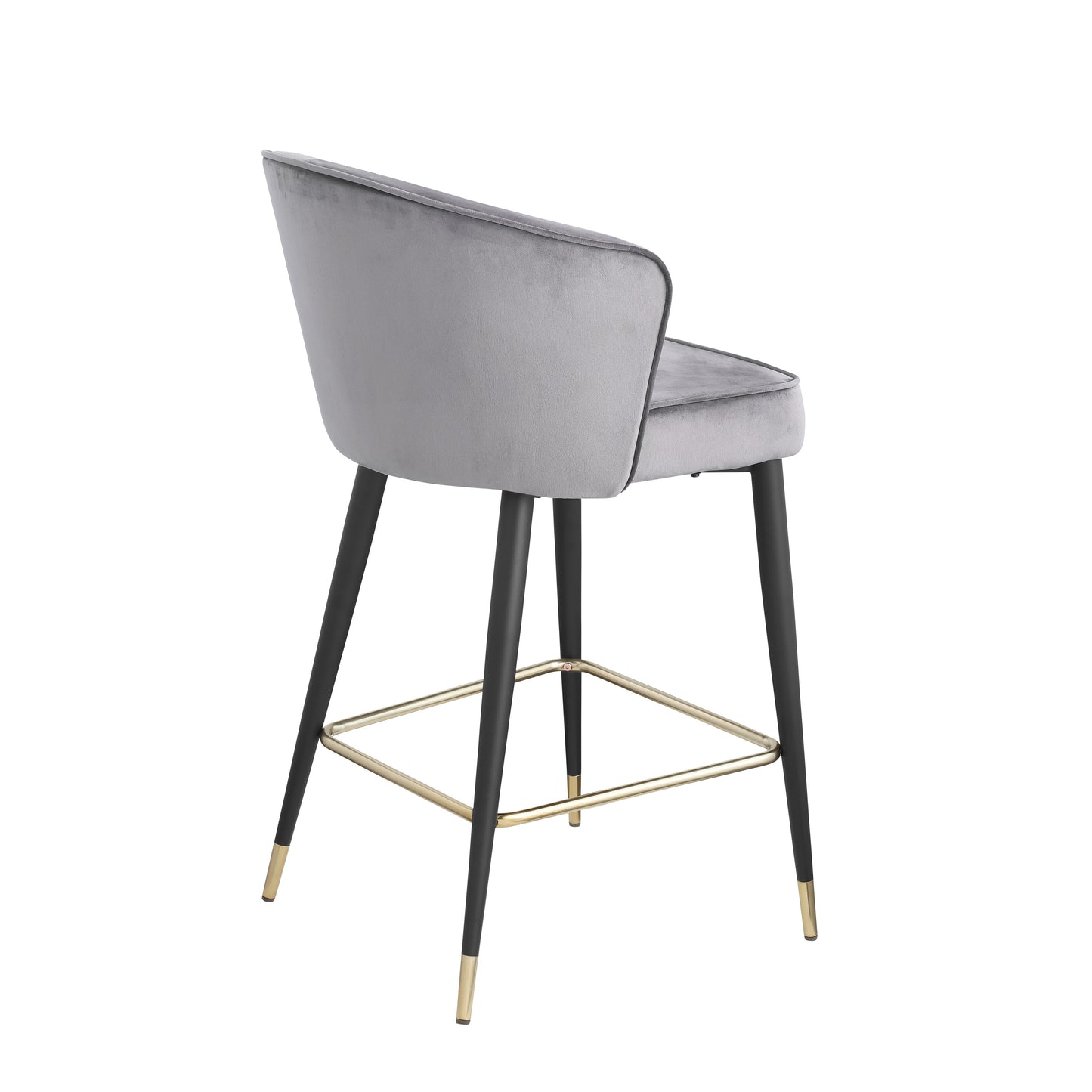 Sophia - Set of 2 - 26" Gray Velvet Upholstered Counter Height Stools with Deep Channel Tufting and Gold-Tipped Black Metal Legs