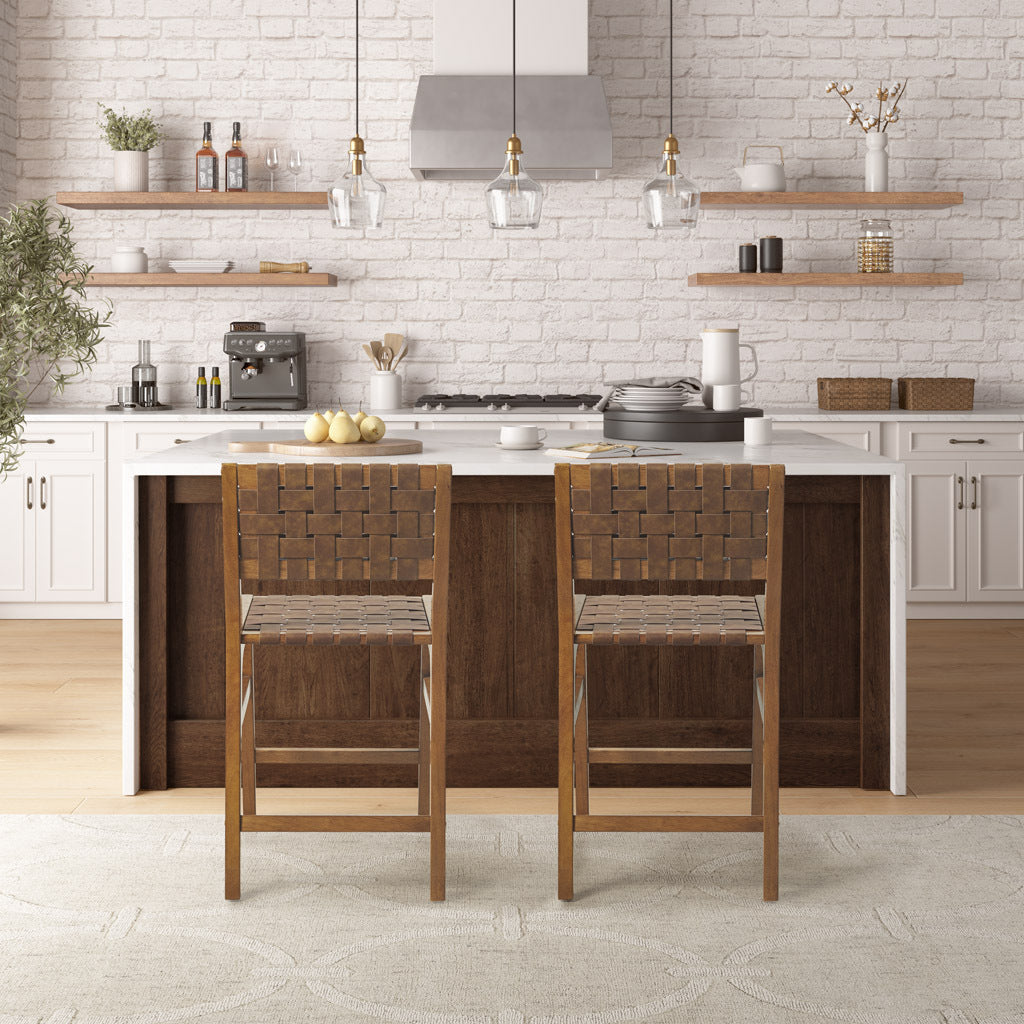 Brampton- Set of 2 - 24" Distressed Walnut Woven Counter Stools with Ladder Back