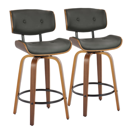 Hindley - Set of 2 - 26" Grey Faux Leather Counter Stools with Walnut Wood Back & Black Metal Footrest