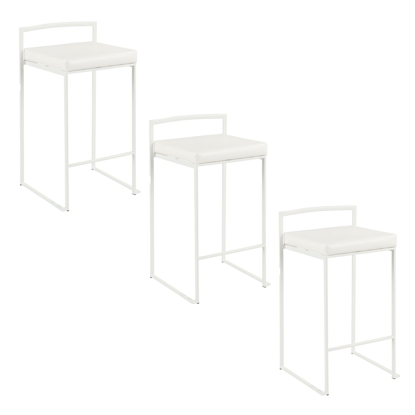 Laziel - Set of 3 - 26" White Metal Stackable Counter Stools with White Faux Leather Cushions