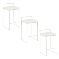 Laziel - Set of 3 - 26" White Metal Stackable Counter Stools with White Faux Leather Cushions