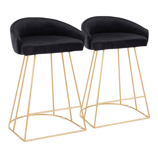 Suttung - Set of 2 - 28" Contemporary Counter Stools in Gold with Black Velvet Fabric, Fixed Height, Luxe Modern Design