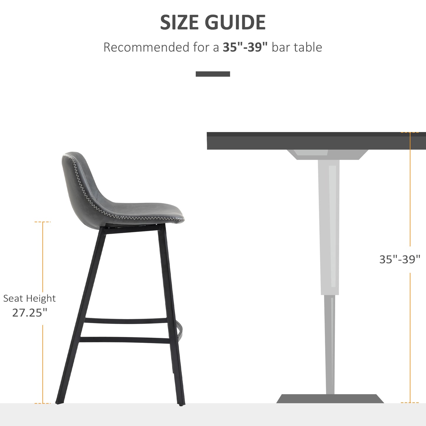 Heber - Set of 2 - 27.25" Gray Upholstered Armless Counter Height Bar Stools with Back, Steel Legs, and Adjustable Feet