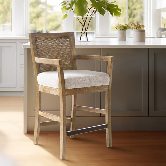 Diedra - Set of 2 - 26" Cream Counter Stools with Reclaimed Natural Cane Back and Upholstered Seat