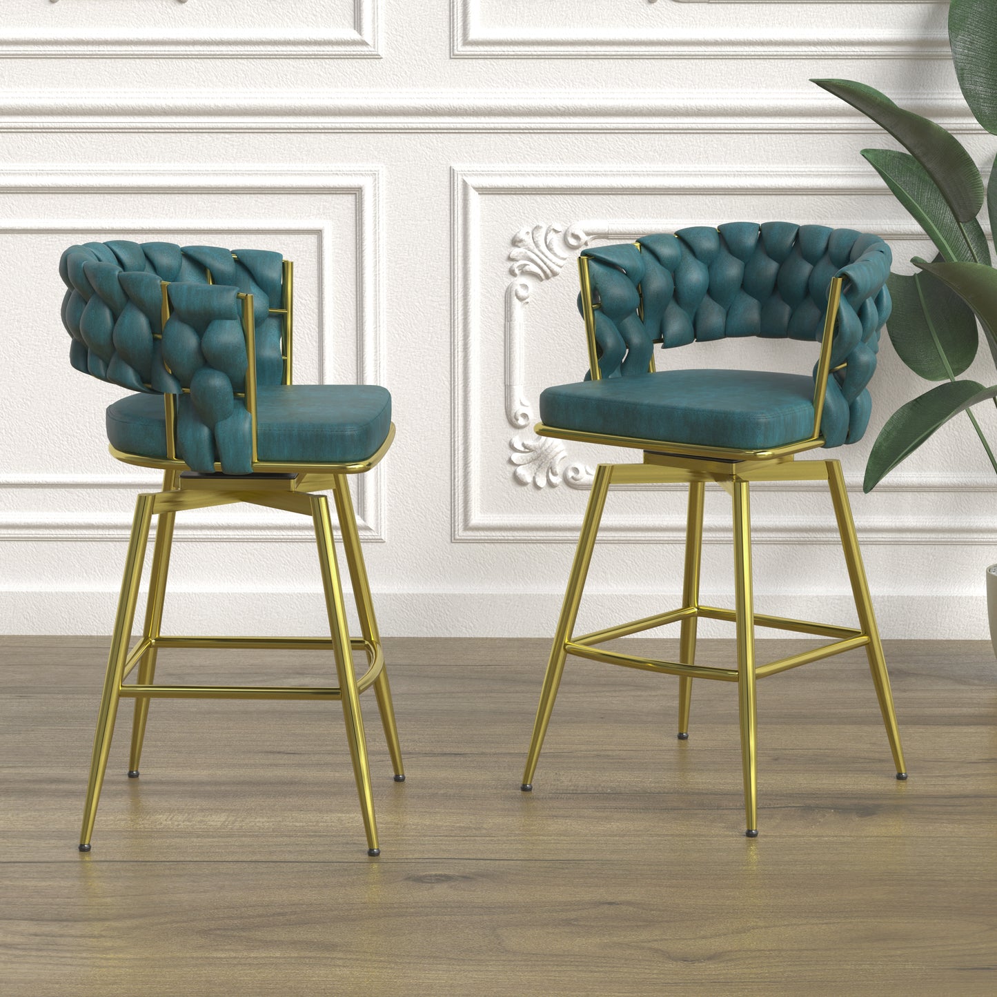 Haythorne - Set of 2 - 26" Blue Suede Woven Swivel Bar Stools with Armrest & Footrest - Gold Legs for Kitchen Island