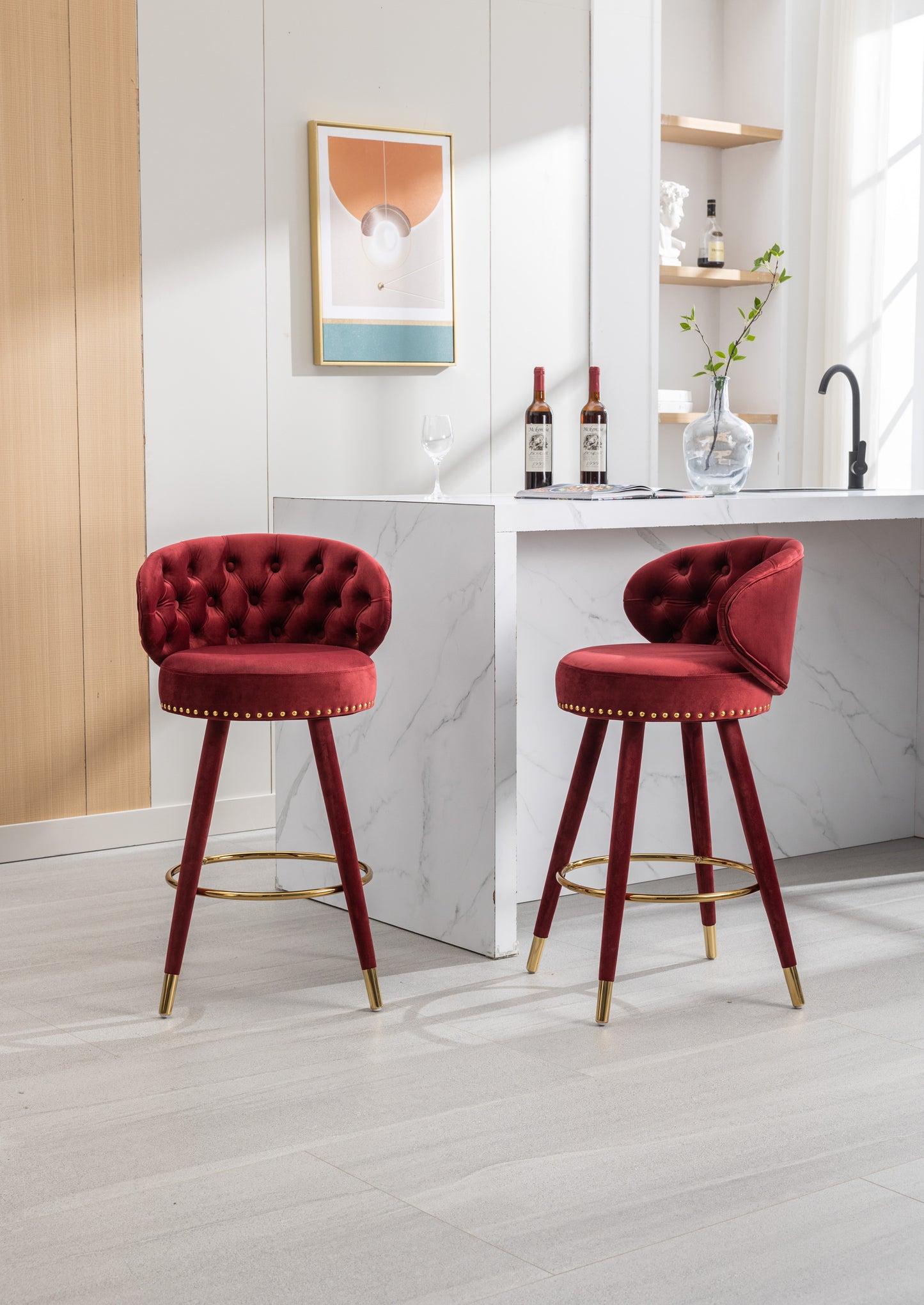 Cylvara - Set of 2 - 28" Claret Red Velvet Counter Height Bar Stools with Solid Wood Legs and 360° Swivel