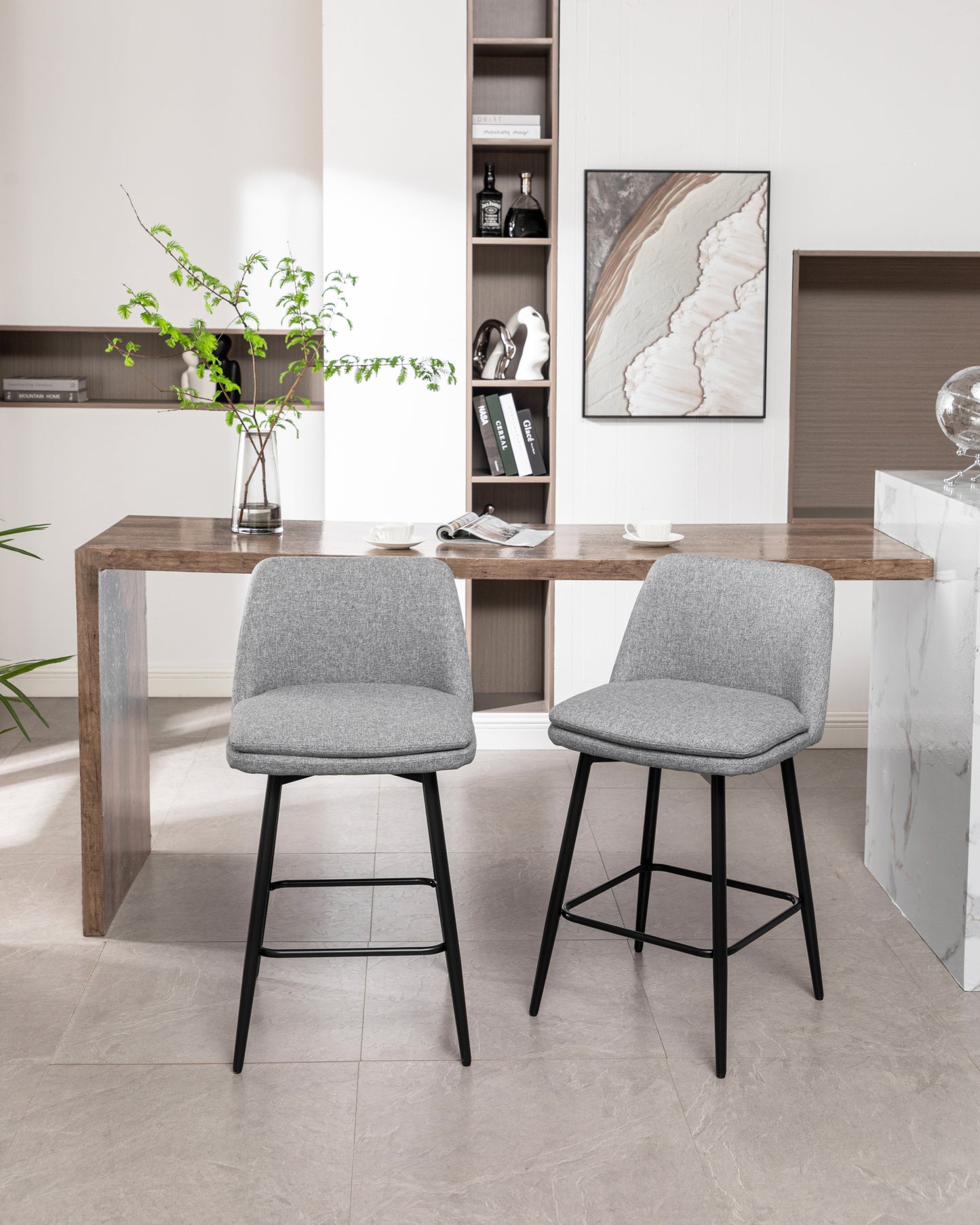 Vectoria 26" - Set of 2 - Light Grey Upholstered Swivel Counter Height Bar Stools with Metal Legs, 360° Swivel, and High Back, 25.6" Seat Height