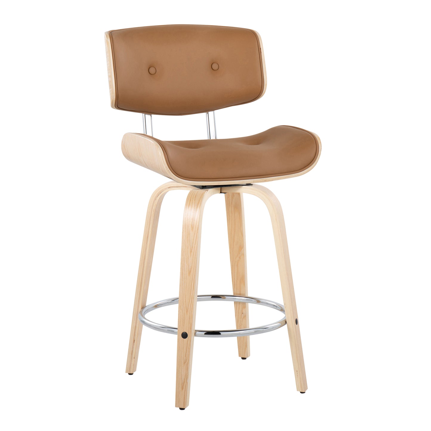 Lorien - Set of 2 - 26" Mid-Century Modern Fixed-Height Counter Stools in Natural Wood and Camel Faux Leather with Chrome Footrest, 360° Swivel