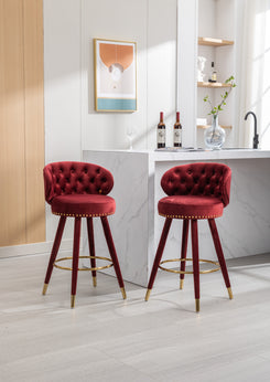 Cylvara - Set of 2 - 28" Claret Red Velvet Counter Height Bar Stools with Solid Wood Legs and 360° Swivel