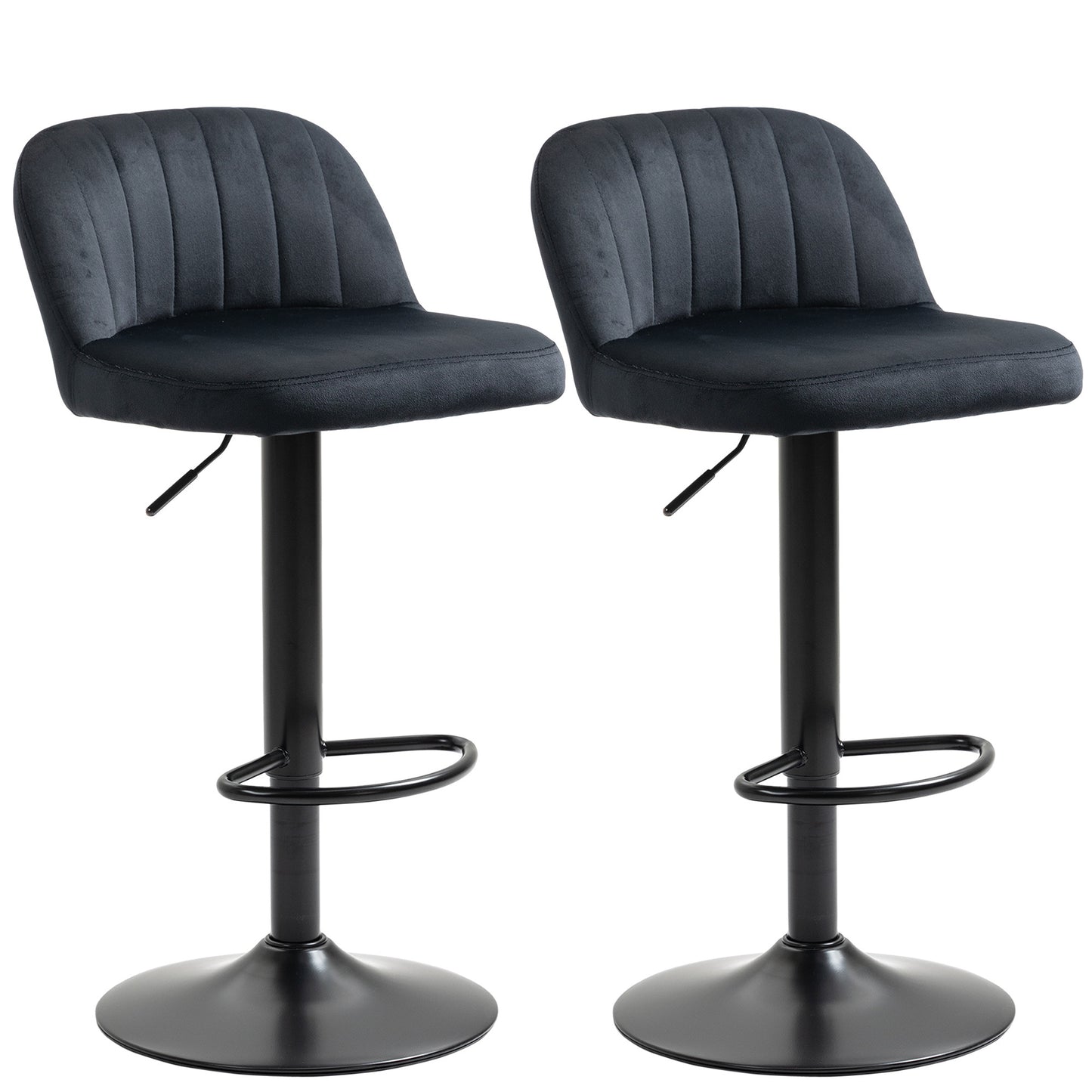 Henrick - Set of 2 - 24" to 32" Adjustable Velvet Counter Height Bar Stools with Swivel Seat, Steel Frame and Footrest in Black for Kitchen & Dining Room