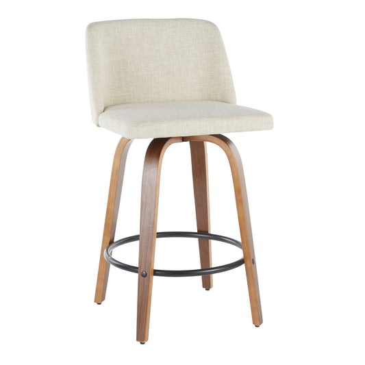 Tretz - Set of 2 - 26" Walnut & Cream Mid-Century Modern Counter Stools with Upholstered Seat