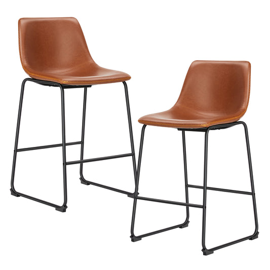 Huntsworth - Set of 2 - 26" Brown Leather Counter Height Bar Stools with Back & Metal Legs - Modern Kitchen & Pub Stools for Dining, Living Room & Island