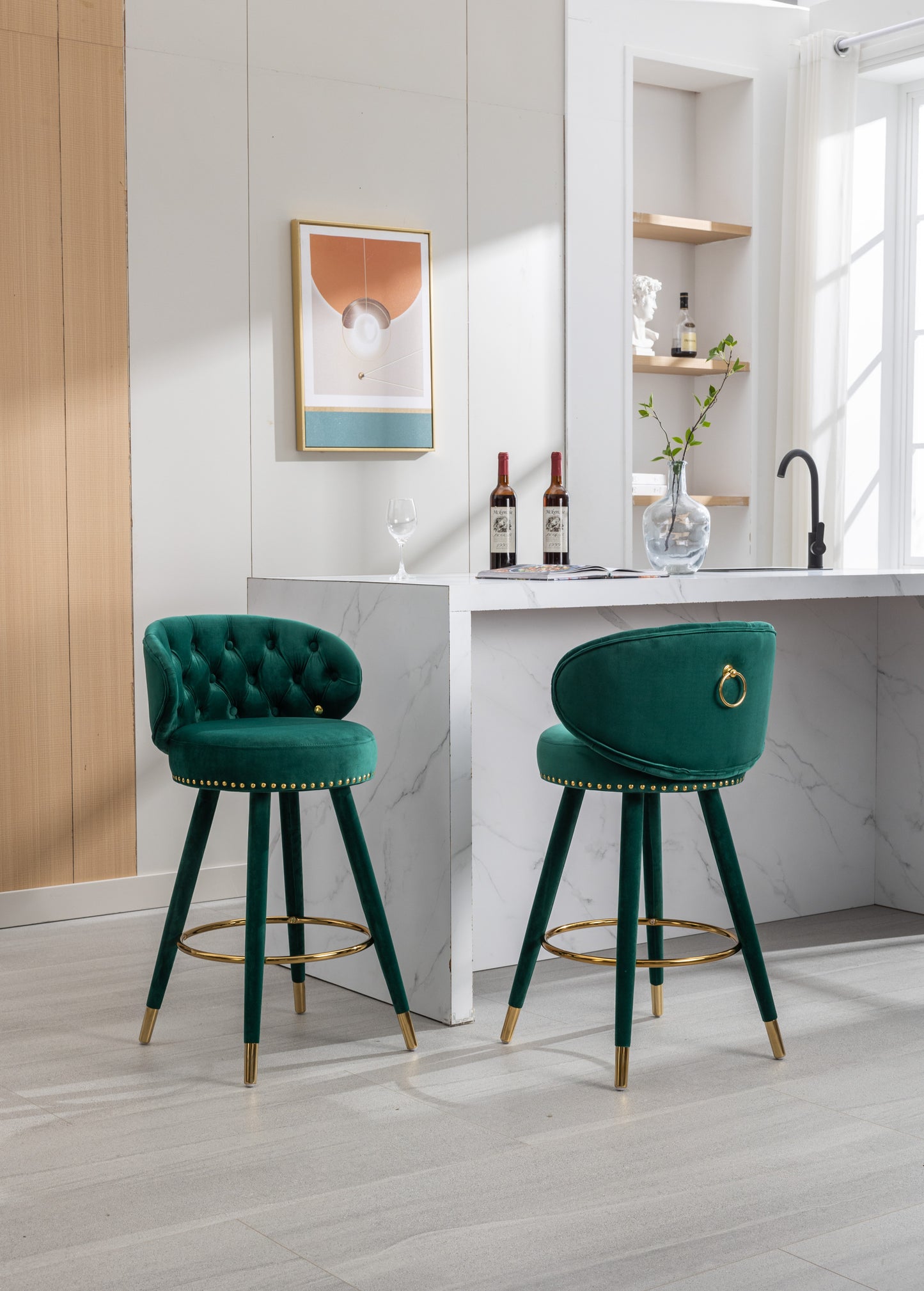 Lurian - Set of 2 - 28" Emerald Velvet Swivel Counter Height Bar Stools, Solid Wood Legs, Ergonomic Backrest, Retro Design