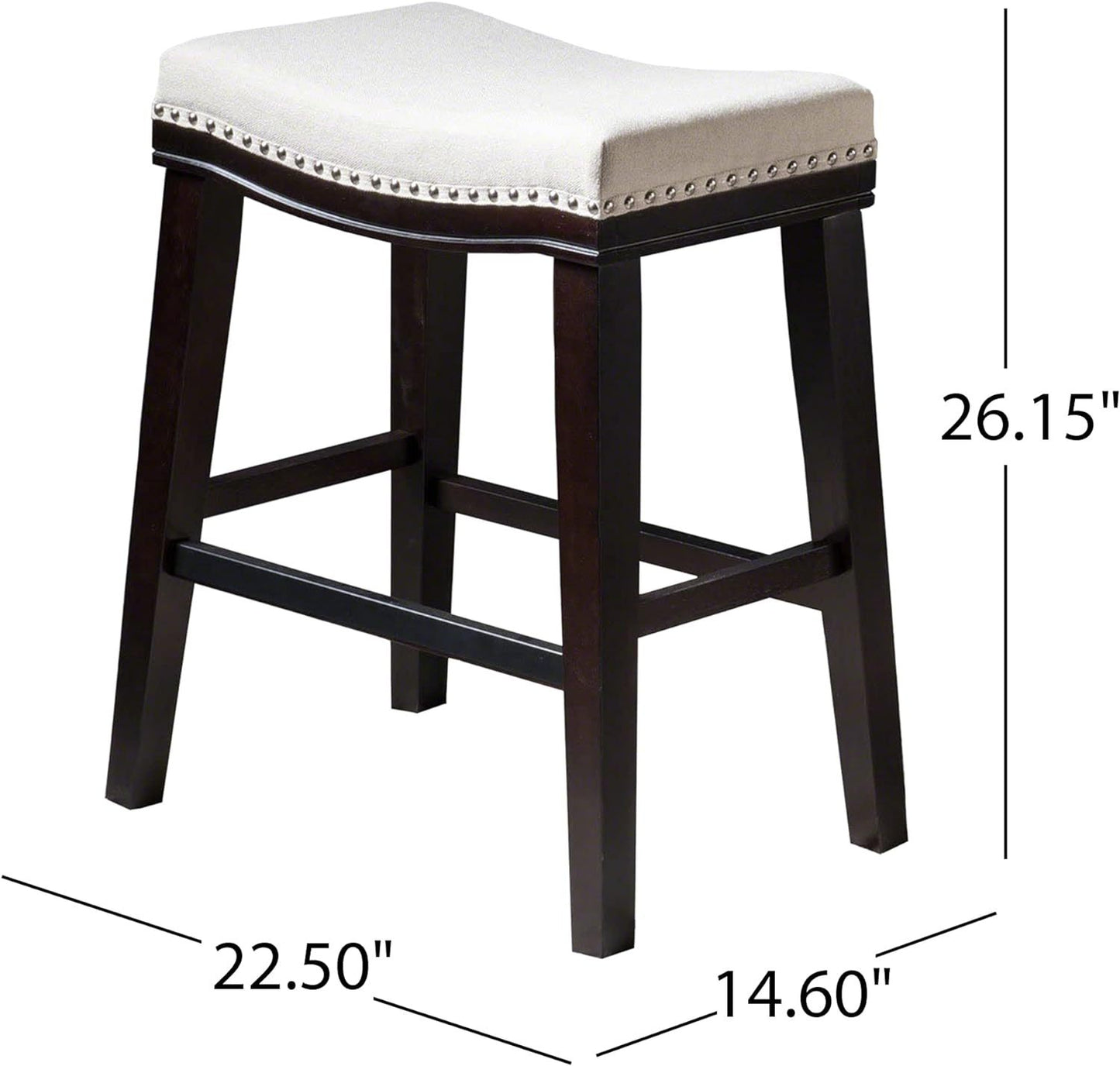 Alston - Set of 2 – 24" Beige Saddle Counter Stools with Curved Design, Dark Brown Rubberwood Legs, and Studded Detailing