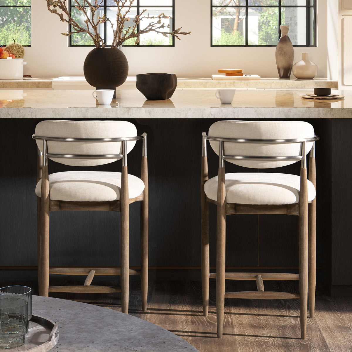 Artemis - Mixed Material Upholstered Counter Stool - Warm White