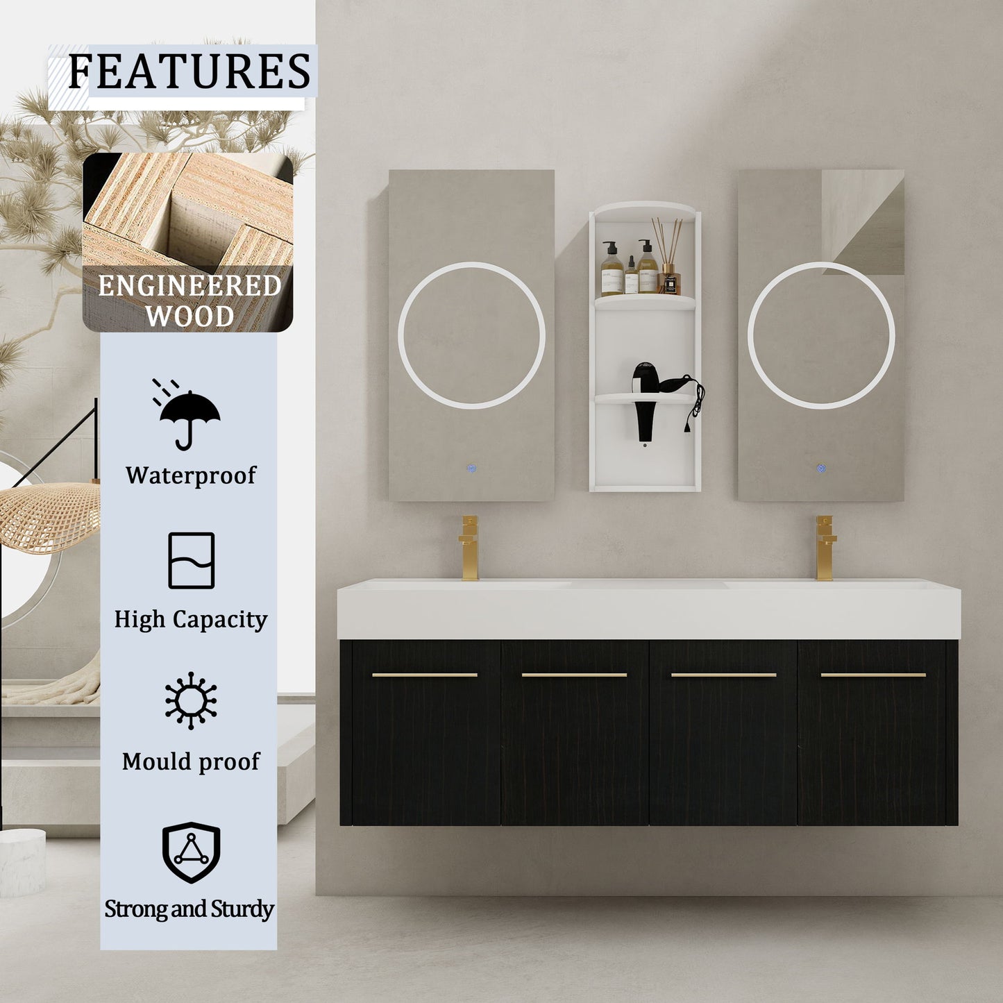 Modern Wall Mounted Bathroom Vanity With Left Sink And Storage Rack