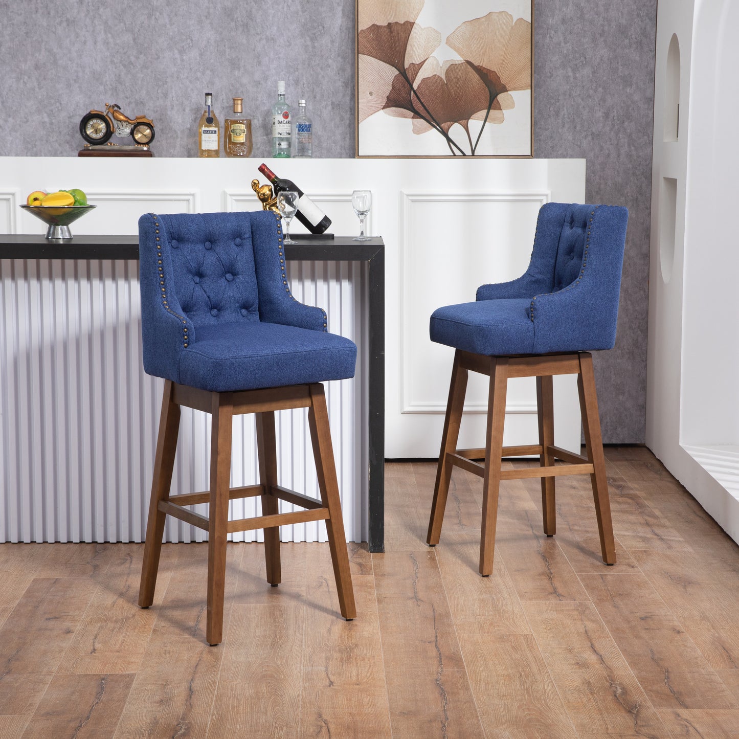 Morrithal - Set of 2 - 30" Navy Linen Counter Height Bar Stools with 360° Swivel, Footrest, Solid Wood Legs, and Retro Style for Kitchen or Dining Room