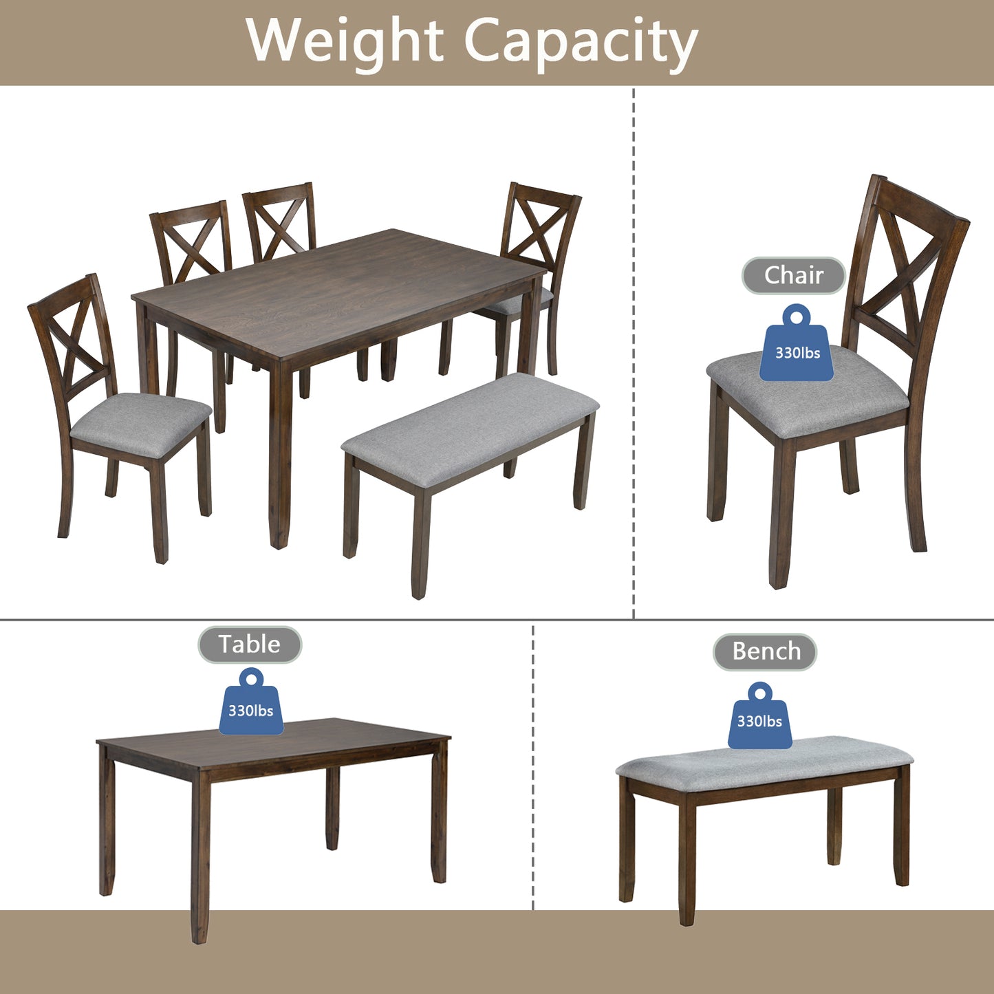 Walnut - Set of 6 - 24" Kitchen Dining Set – Rectangular Table with Upholstered Chairs & Bench, Acacia Wood, Seats 6 (58.5'' x 34.5'' x 30'')