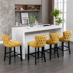 VeroGlow – Set of 4 – 27" Bar Stools with Gold Velvet Upholstery, Wing-Back Design with Button Tufting, and Wooden Legs