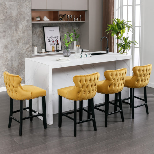 VeroGlow – Set of 4 – 27" Bar Stools with Gold Velvet Upholstery, Wing-Back Design with Button Tufting, and Wooden Legs