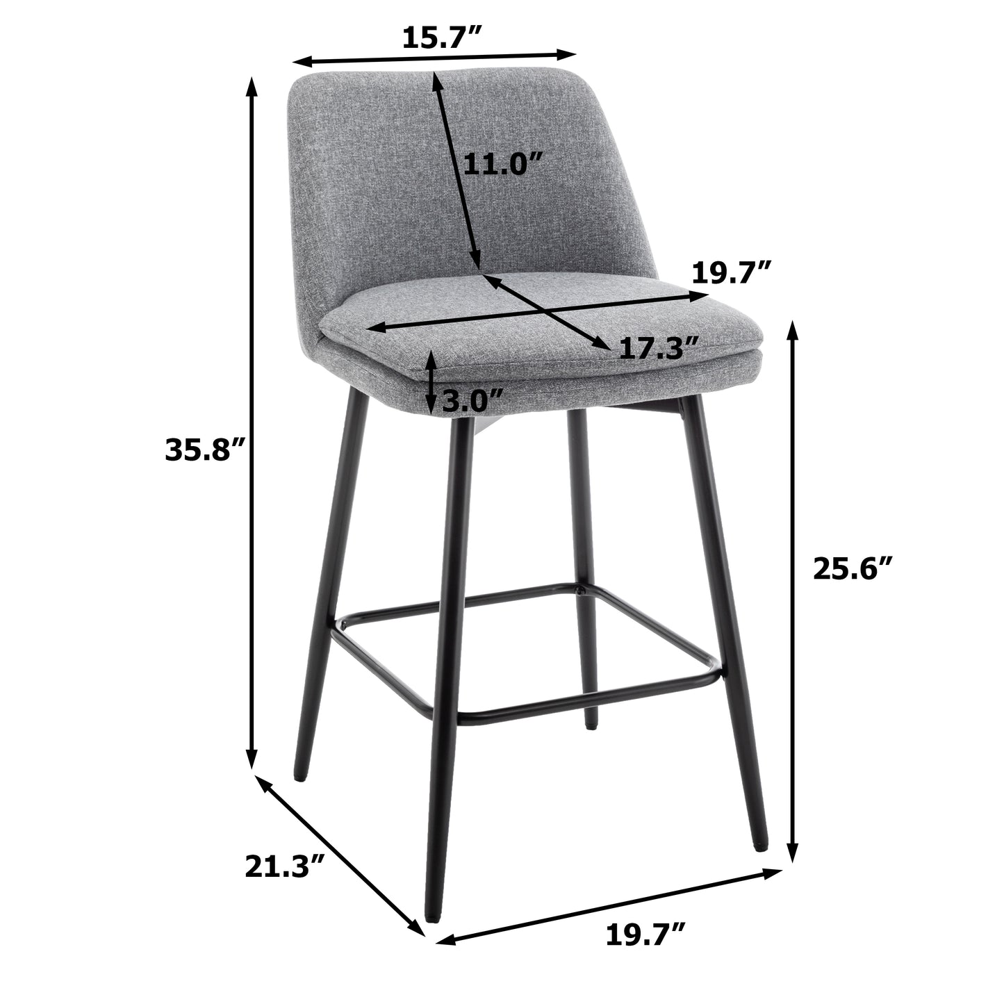 Vectoria 26" - Set of 2 - Light Grey Upholstered Swivel Counter Height Bar Stools with Metal Legs, 360° Swivel, and High Back, 25.6" Seat Height