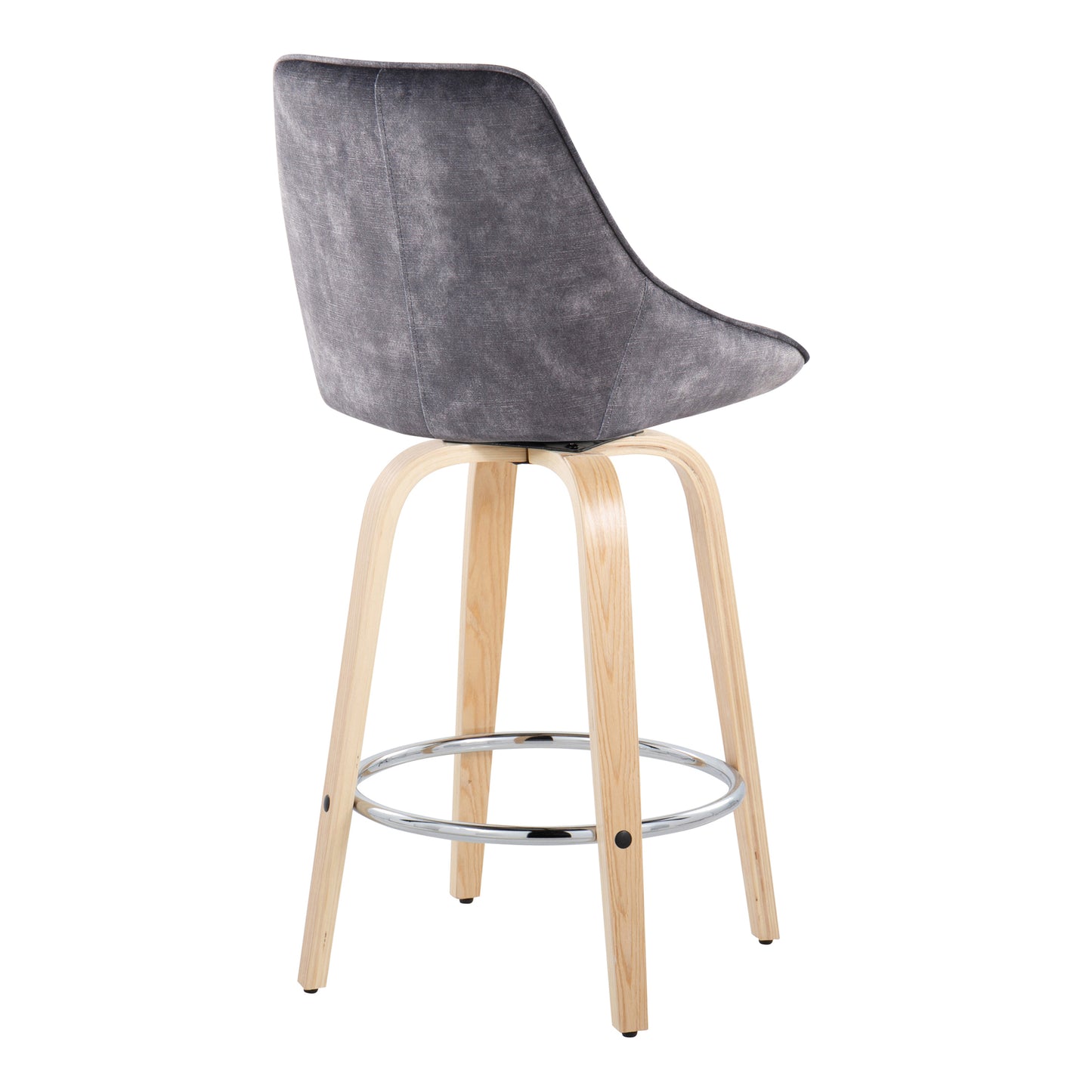 CieloVibe - Set of 2 - 24" Fixed-Height Counter Stools in Grey Velvet with Natural Wood Legs and Round Chrome Footrest